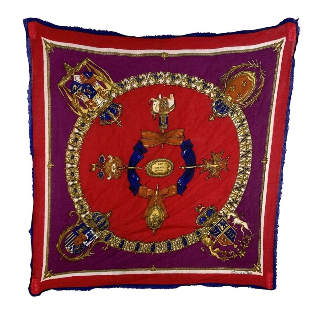 Oscar de la Renta Wool Challis Square Scarf Les Grands Orders Crown Crest Cross